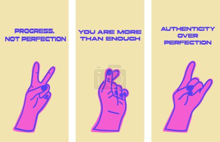 Finger signs hands flat design set cards good is enough motivation phrases. Vector illustration