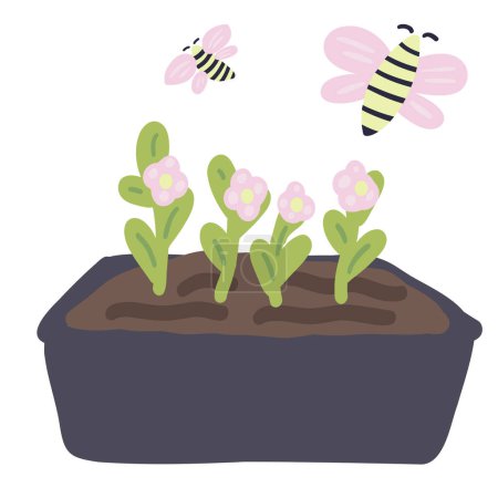 Ilustración de Cultiva tus propias flores en una maceta y las abejas de diseño plano verde y rosa. Ilustración vectorial - Imagen libre de derechos
