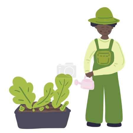 Grow your own flat design black skin man watering plants. Vector illustration
