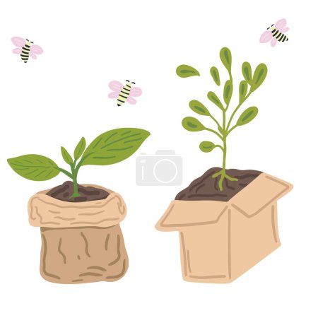 Ilustración de Planta en una caja y en una bolsa de papel de diseño plano con abejas volando alrededor. Ilustración vectorial - Imagen libre de derechos
