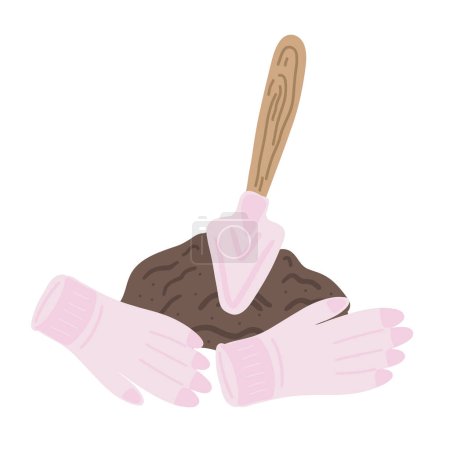 Ilustración de Ground and shovel flat design with gloves gardening set. Vector illustration - Imagen libre de derechos