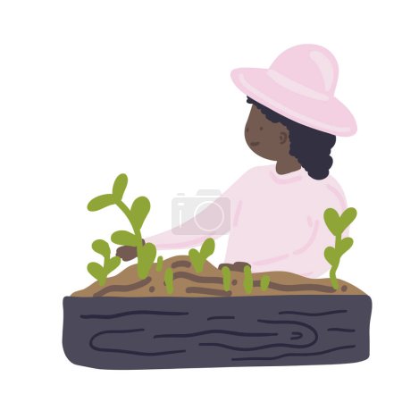Black skin lady growing plants flat design set. Vector illustration