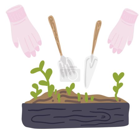 Ilustración de Gardening grow your own set flat design with gloves and shovel. Vector illustration - Imagen libre de derechos