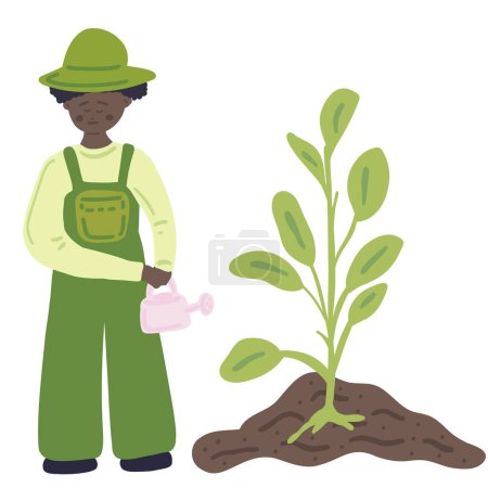 Black skin man watering a plant flat design. Vector illustration