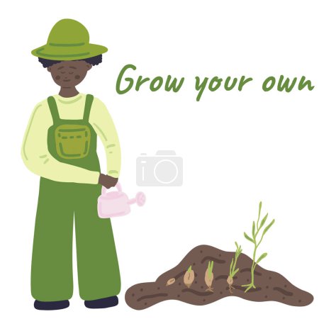 Cultiva tu propio diseño plano de hombre de piel negra regando plantas. Ilustración vectorial