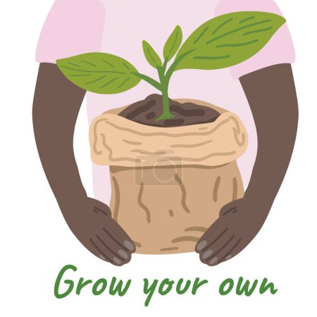 Ilustración de Grow your own flat design plant in a bag in black man arms. Vector illustration - Imagen libre de derechos