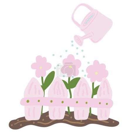 Watering can water and flowers behind the fence flat design. Vector illustration
