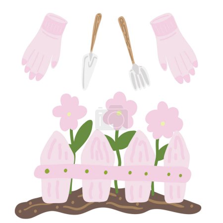 Flat design flowers gloves and gardening tools set. Vector illustration