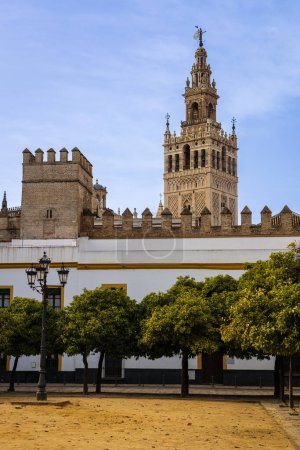 Photo for Patio de Banderas, historic plaza with Murallas del Alcazar and Cathedral view with La Giralda tower in the background. Seville, Andalusia, Spain. - Royalty Free Image