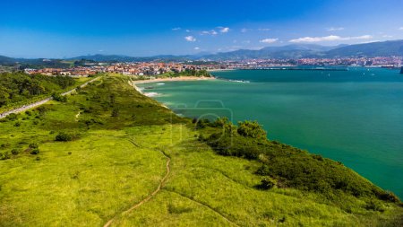 Photo for Aerial view of Punta Galea, Getxo, Bilbao, Atlantic ocean and mountains. Biscay, Basque Country, Spain. - Royalty Free Image