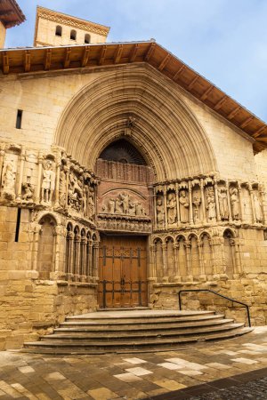 Church of San Bartolome and its large doorway with pointed archivolts, Romanesque style, the oldest church in the city of Logrono. Rioja, Spain.