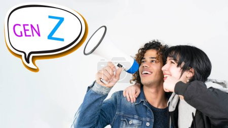 Photo for Gen Z energy. two teenagers calling with megaphone - Royalty Free Image