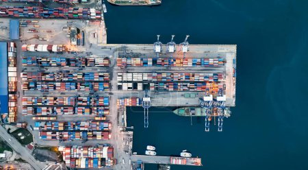 Photo for Aerial view of containers and container ship in sea - Royalty Free Image
