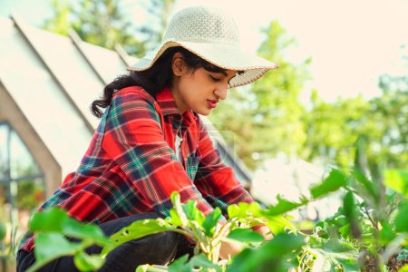 Mujer joven cultivando en el jardín en la granja orgánica.