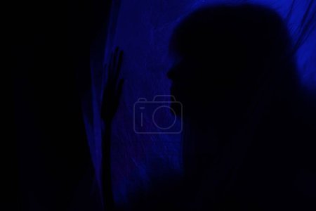 Foto de Mujer silueta detrás de la luz azul plantea misteriosa y artísticamente - Imagen libre de derechos