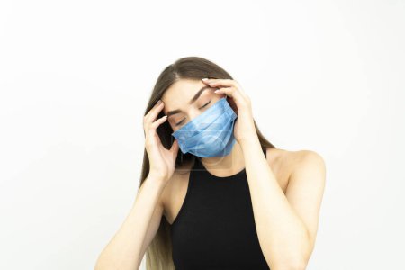 Photo for Woman wearing face mask protect filter against air pollution - Royalty Free Image