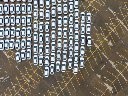 Photo for Aerial view of many new white cars are parked in factory parking lot - Royalty Free Image