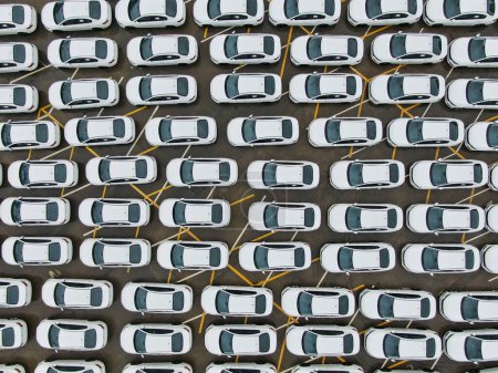 Téléchargez les photos : Un grand parking plein de voitures blanches. Les voitures quittant l'usine automobile attendent au port pour la vente et le transport. - en image libre de droit