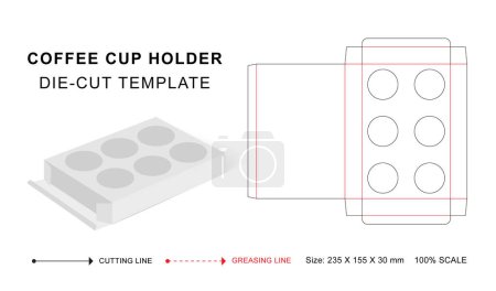 Téléchargez les illustrations : Six boissons chaudes boîte support die cut modèle avec modèle vectoriel vide 3D pour l'emballage alimentaire - en licence libre de droit