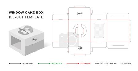 Window cake box die cut template with 3D blank vector mockup for food packaging