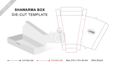Shawarma caja de morir plantilla de corte con 3D maqueta vectorial en blanco para el envasado de alimentos