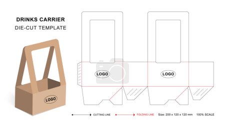 Drinks carrier box die cut template with 3D blank vector mockup for food packaging