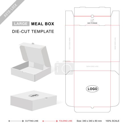 Meal box die cut template large size with 3D blank vector mockup for food packaging