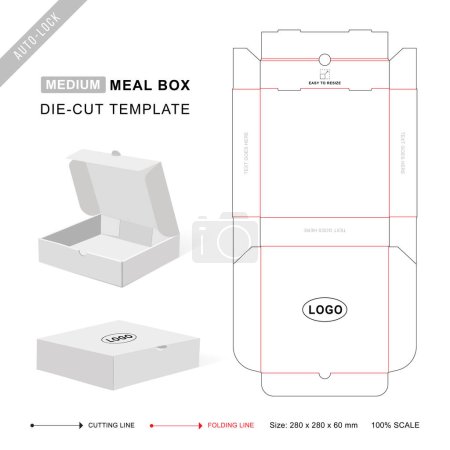 Plantilla de troquel de caja de comida de tamaño mediano con maqueta vectorial en blanco 3D para envasado de alimentos