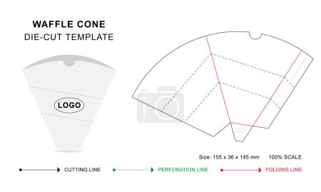 Waffle cone die cut template with 3D blank vector mockup. Cone ice cream holder