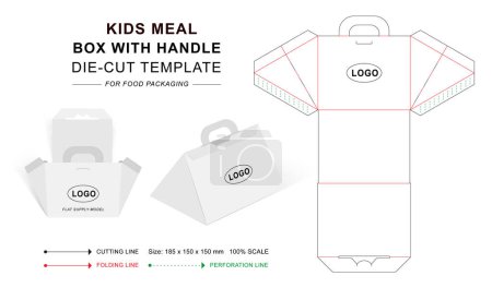 Illustration for Triangular meal box with handle die cut template, 3D blank vector mockup for food packaging - Royalty Free Image