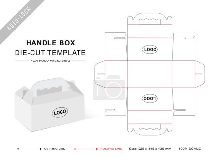 Box with handle die cut template with 3D blank vector mockup for food packaging