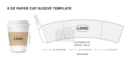 Illustration for Paper cup sleeve die cut template for 8 ounce with 3D blank vector mockup for food packaging - Royalty Free Image