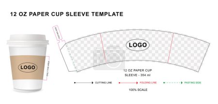 Paper cup sleeve die cut template for 12 ounce with 3D blank vector mockup for food packaging