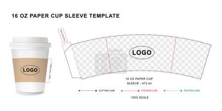 Paper cup sleeve die cut template for 16 ounce with 3D blank vector mockup for food packaging