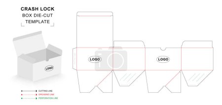 Crash lock box die cut template with 3D blank vector mockup
