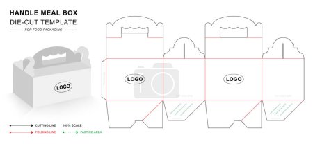Handle box die cut template with crush lock and 3D blank vector mockup for food packaging