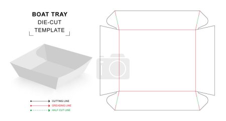 Boat tray die cut template with 3D blank vector mockup for food packaging