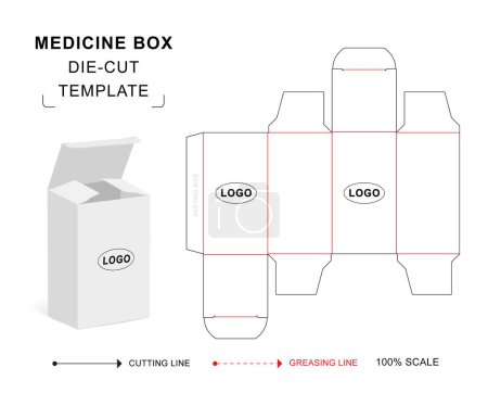 Medicine box die cut template with 3D blank vector mockup for pharmaceutical packaging