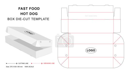 Hot Dog Box Stanzschablone mit 3D Leervektor-Attrappe für Lebensmittelverpackungen