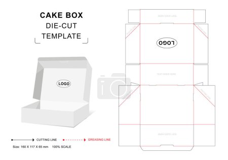 Cake box die cut template with 3D blank vector mockup for food packaging