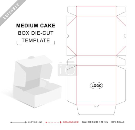 Medium cake box die cut template with 3D blank vector mockup for food packaging