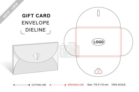 Gift card envelope die cut template with 3D blank vector mockup. Heart shape envelope dieline