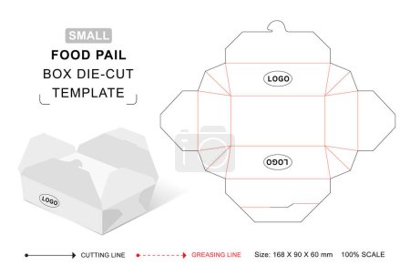 Small food pail box die cut template with 3D blank vector mockup for food packaging