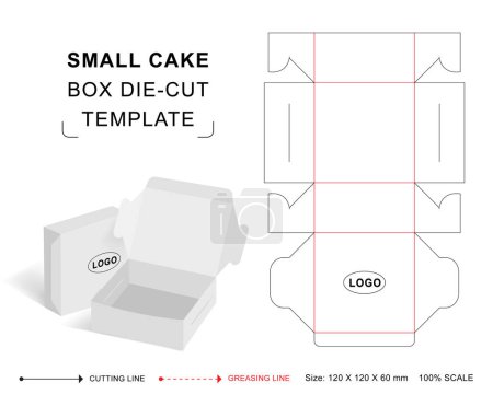 Small cake box die cut template with 3D blank vector mockup for food packaging