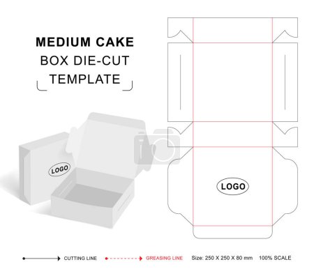 Medium Cake Box Stanzschablone mit 3D Blank Vector Mockup für Lebensmittelverpackungen