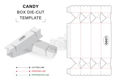 Candy box die cut template with 3D blank vector mockup for sweet packaging