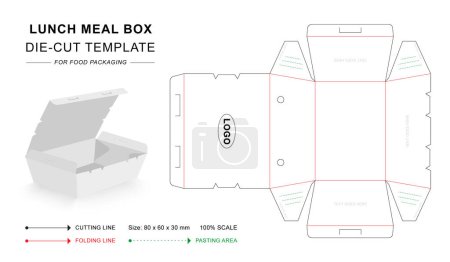 Lunch meal box die cut template with 3D blank vector mockup for food packaging