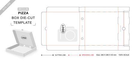 Téléchargez les illustrations : Boîte à pizza die cut template medium avec maquette vectorielle vide 3D pour l'emballage alimentaire - en licence libre de droit
