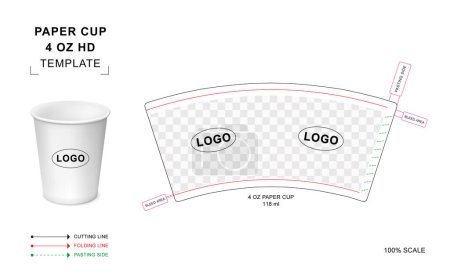 Taza de papel troquelado plantilla para 4 onza Hot Drink con 3D mockup vector en blanco para el envasado de alimentos