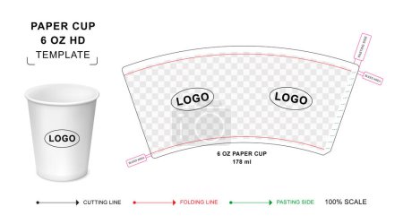 Paper cup die cut template for 6 ounce Hot Drink with 3D blank vector mockup for food packaging